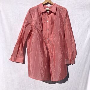 Chico's Size 3 Tucked Mini Stripe Shirt Tangerine Dream White Silk Blend